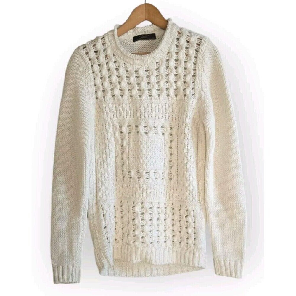 Zara Chunky Knit Sweater Men's Large Cream  Wool Blend Fisherman High Neck